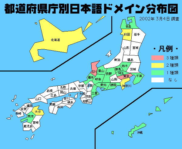 東京と石川が3種類のドメインを取得している。またその周辺と、北海道や沖縄などの離れた地域も日本語ドメインを取得しているのがわかる。 日本語ドメイン使用率調査結果